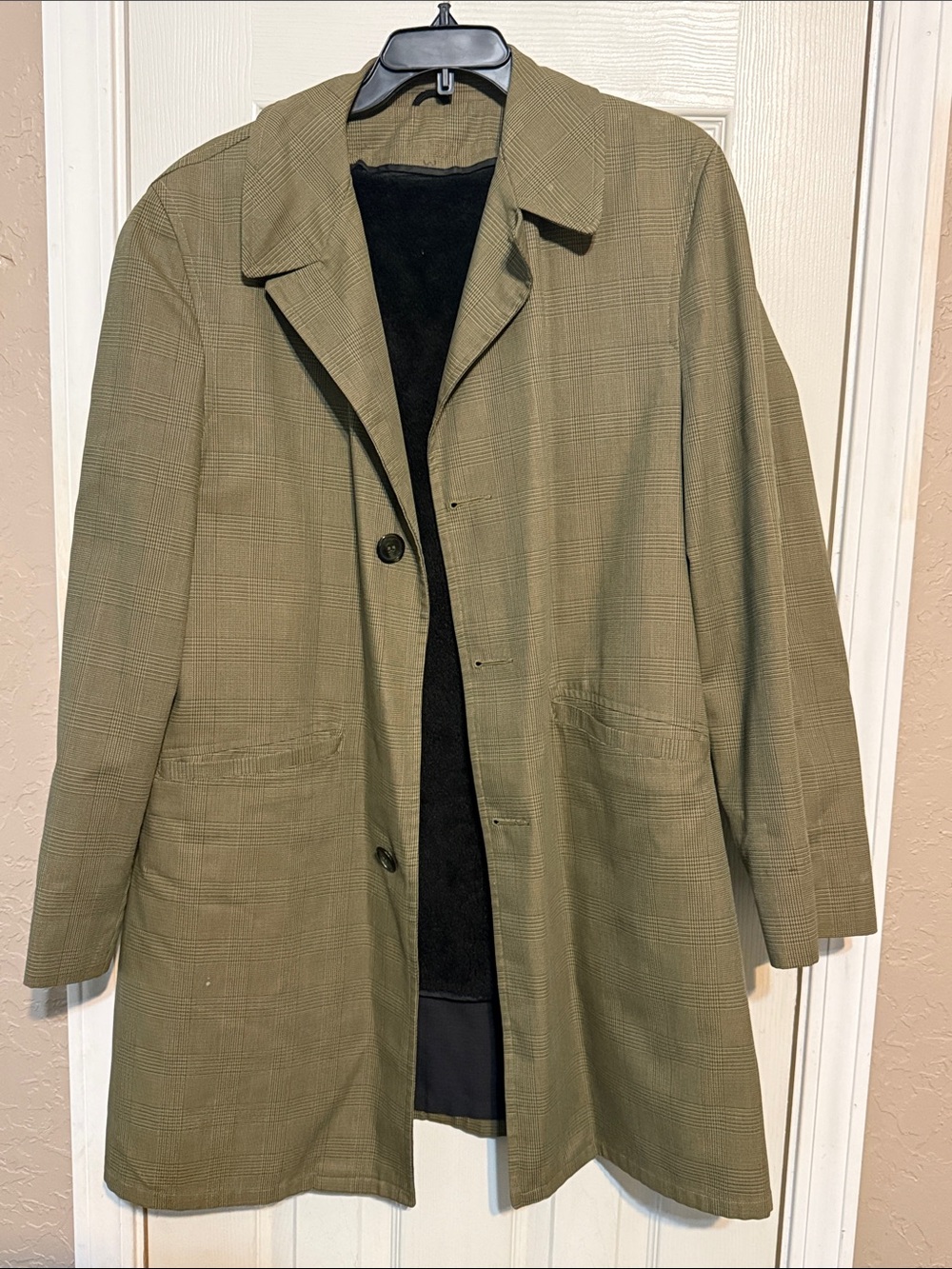 Men's Olive Plaid Single-Button Trench Coat
